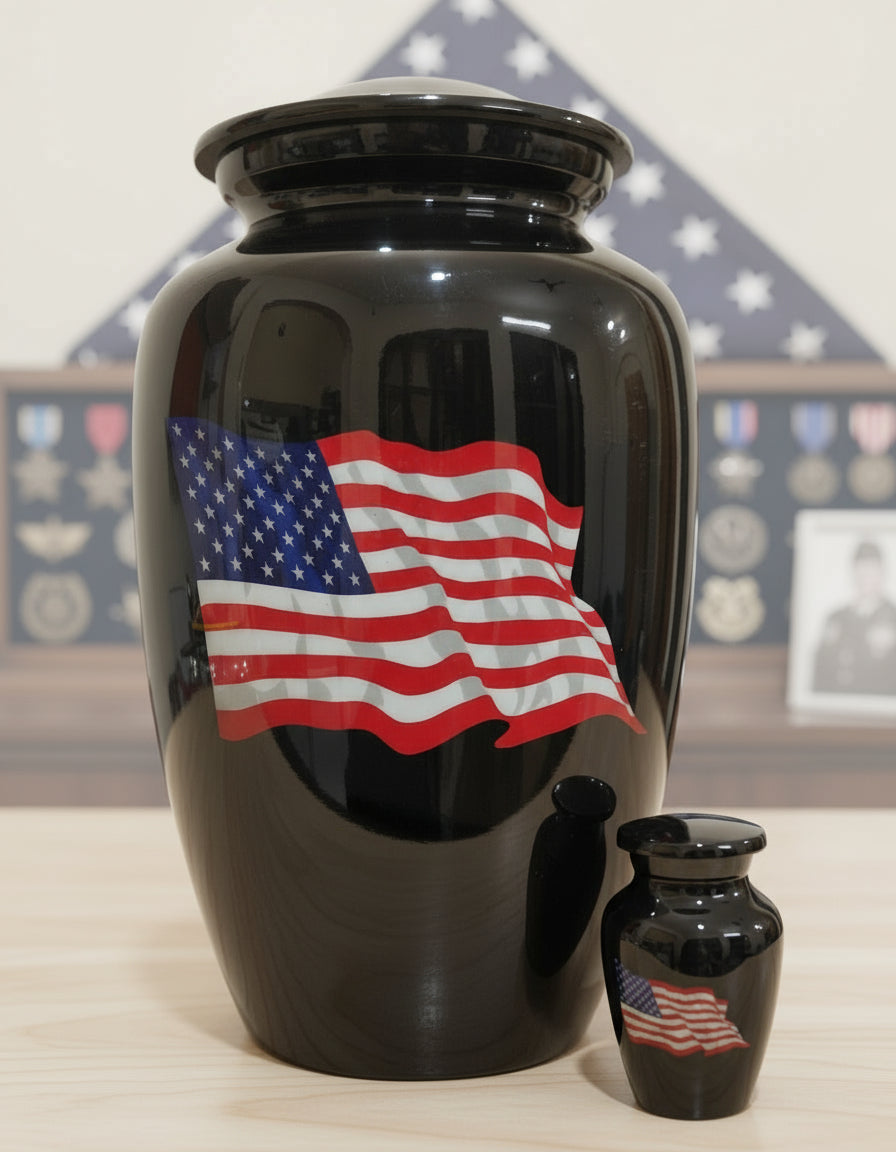 Elite Series Urn- Black Basic Flag Patriotic Urn