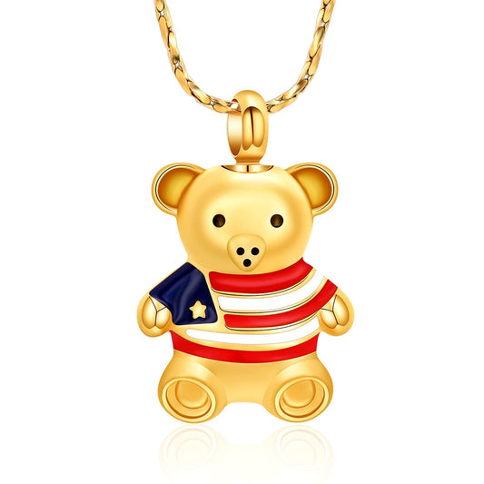 Gold Bear Wearing Puerto Rico Flag Shirt Ashes Necklace Pendant