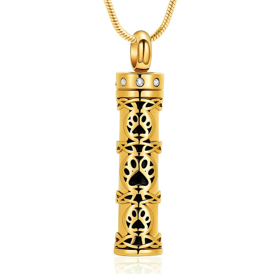 Pet Gold Cylinder Paw Cremation Necklace Pendant