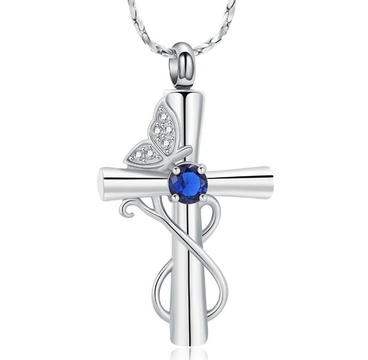 Blue Gem Cross Ashes Necklace Pendant