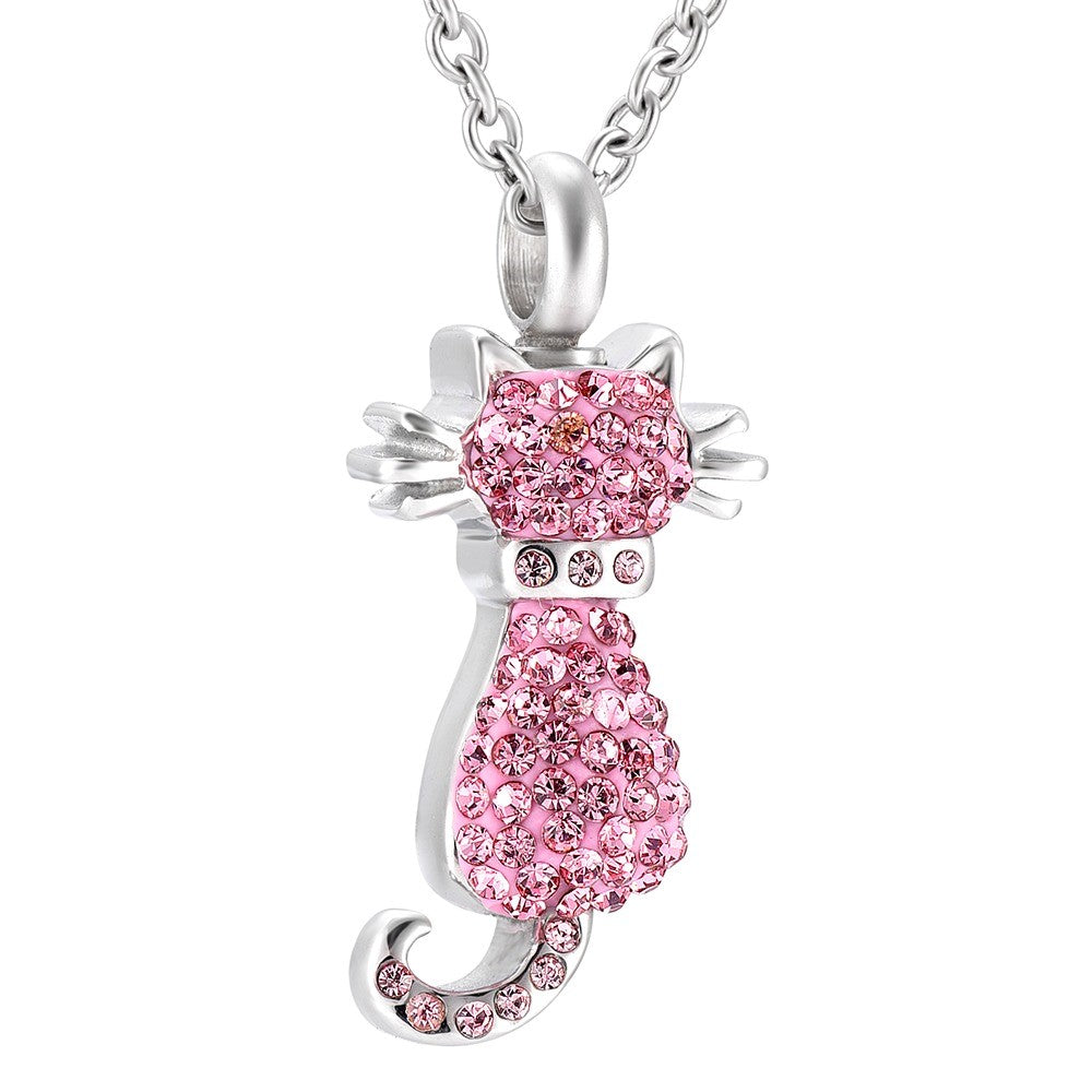 #P30 Pet pink Jeweled Cat Ashes Necklace Pendant Jewelry Never Forget You