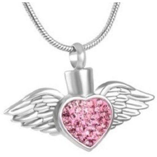 #T Flying Pink Jeweled Heart Ashes Necklace Pendant Jewelry Never Forget You